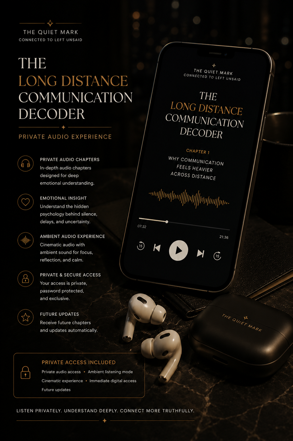 Mobile audio player mockup for The Long Distance Communication Decoder private audio experience