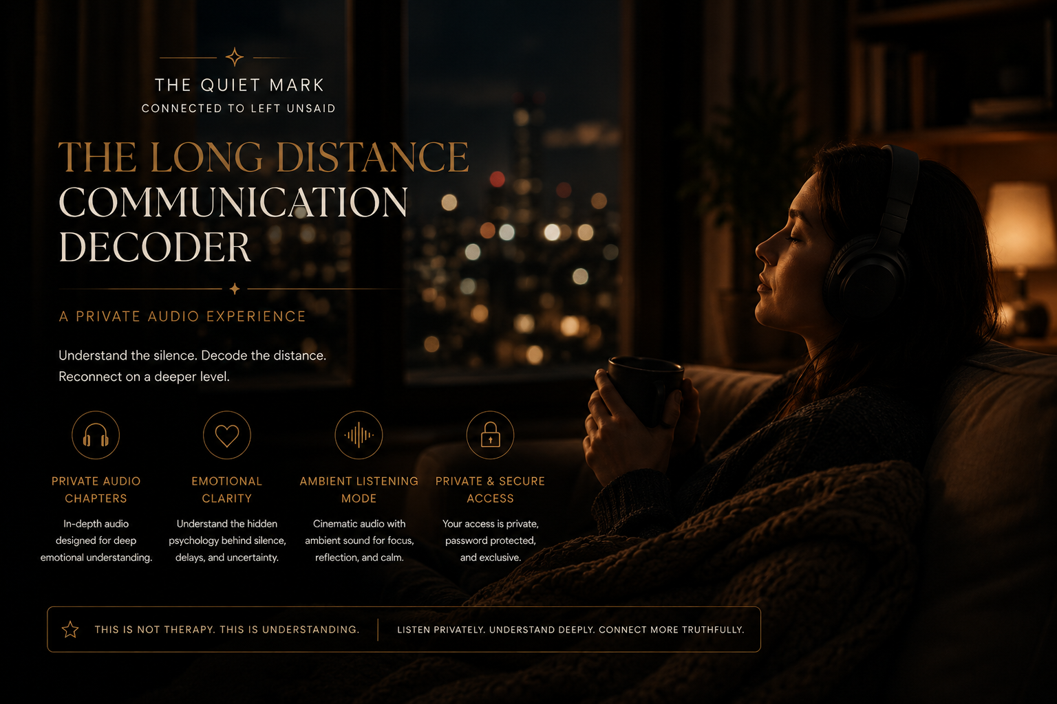 Woman listening privately to The Long Distance Communication Decoder audio experience at night