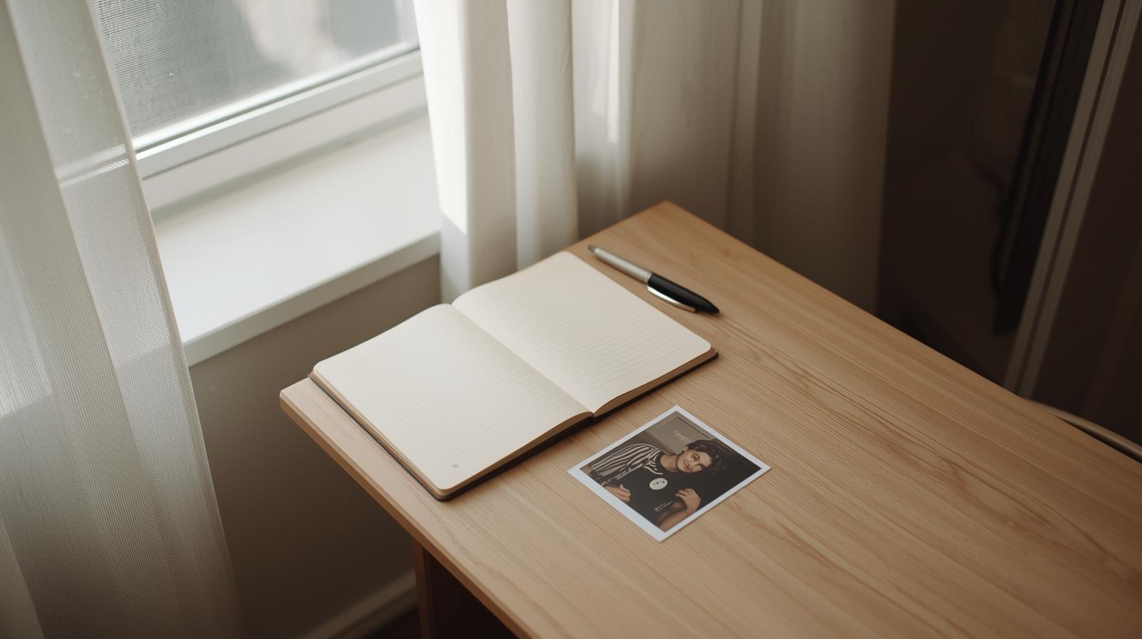 notebook and small printed photo of a couple on a wooden desk near a window representing emotional memory of a past relationship