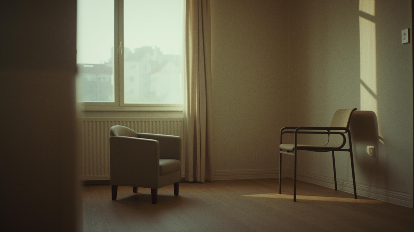 empty chair across from a single chair near a window symbolizing emotional absence and distance after a relationship