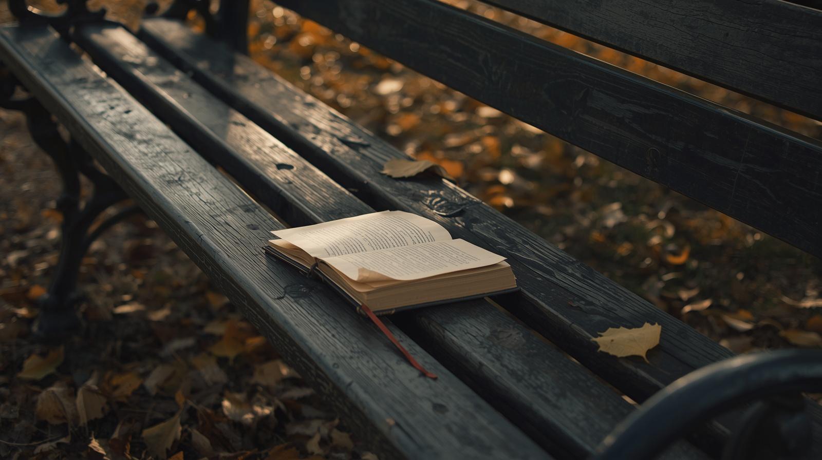 empty park bench in soft morning light with fallen leaves and a closed notebook symbolizing lingering emotional memory of a past relationship
