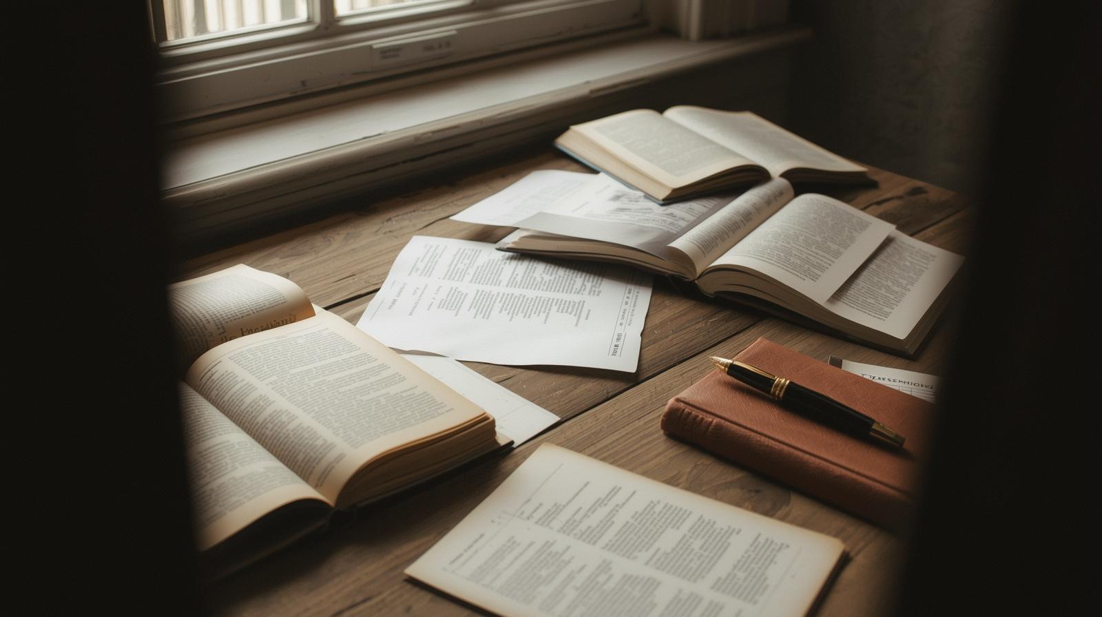 psychology books and research papers on a desk representing relationship psychology studies