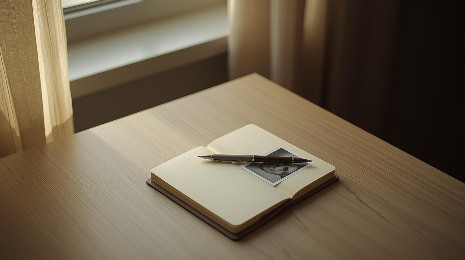 closed notebook with small photograph inside on a desk symbolizing how past relationships remain present in memory