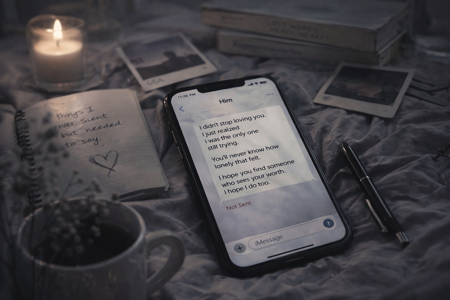 Smartphone showing an unsent breakup message beside notebook and candle in a quiet reflective setting symbolizing words left unsaid after a relationship ends