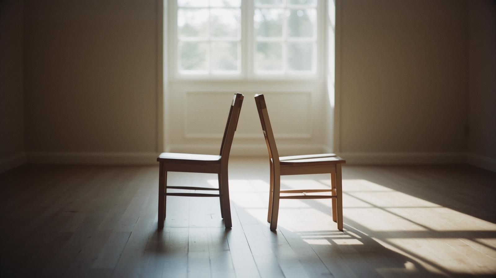 Two chairs placed close together but angled slightly apart in soft natural light, representing emotional closeness with guarded distance in love avoidance