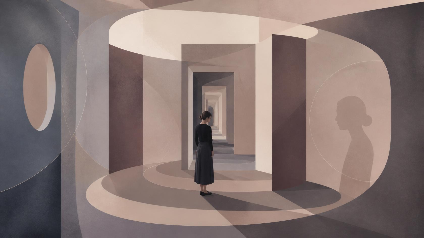 A surreal architectural scene with a woman standing in a circular corridor, viewed like a painting or print. The composition features layered arches, pillars, and soft shadows, with the woman in a long dark dress facing a distant opening.
