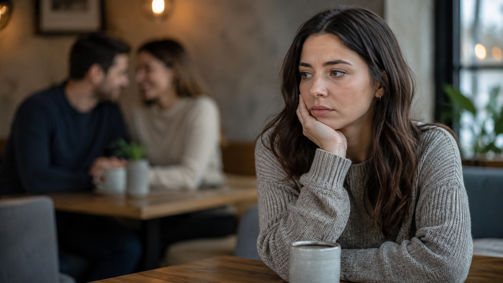 jealous woman with her back to her ex who is sitting with his new partner.