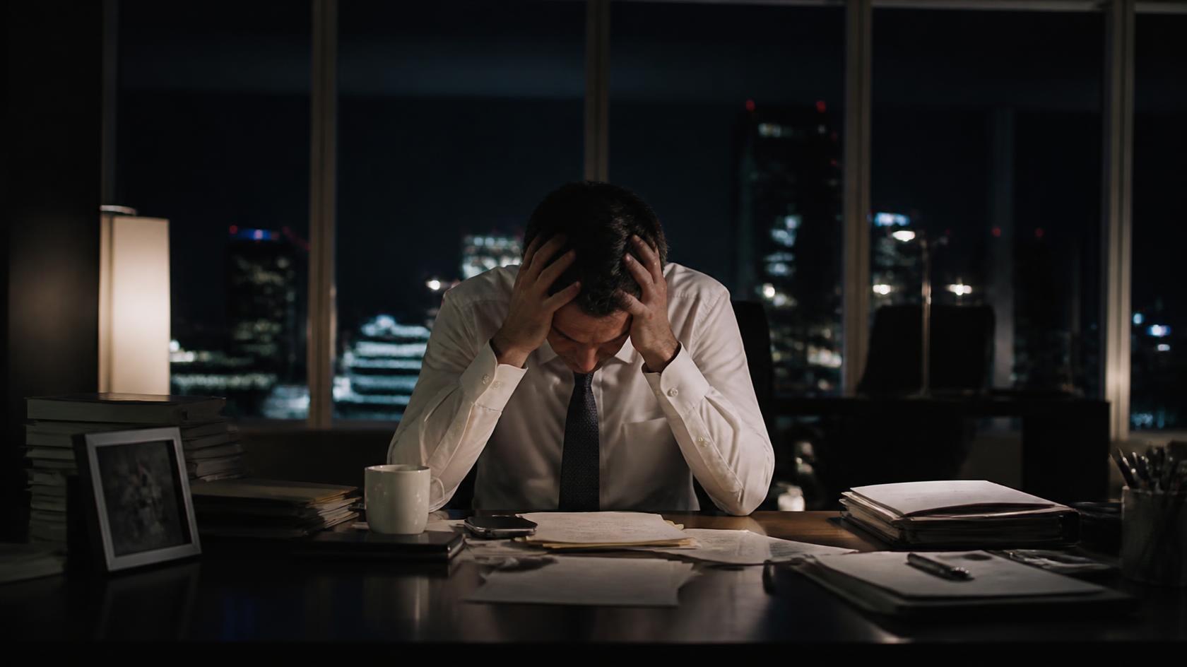 Distressed middle-aged businessman sits alone at an office desk after hours with his head in his hands, city lights glowing through the windows.