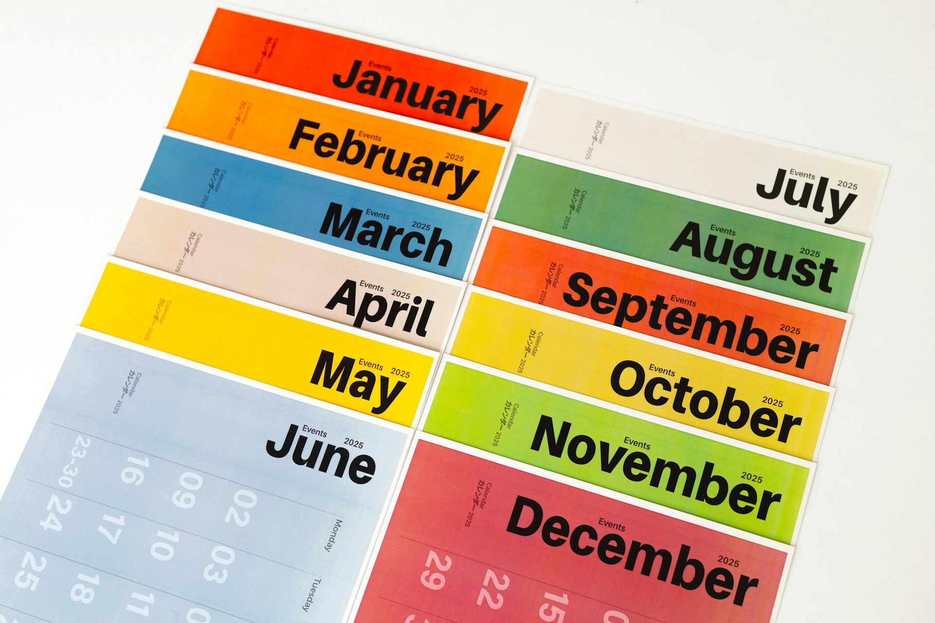 Colourful monthly calendar cards arranged in rows, symbolising the week-by-week timeline of no contact after a breakup.